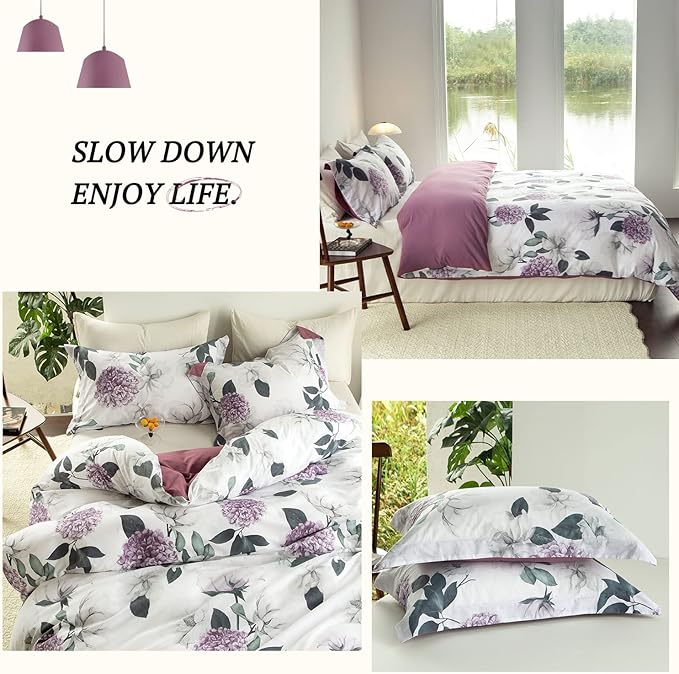 MILDLY 100% Washed Cotton Duvet Cover - Hydrangea Floral Comforter Cover Set Botanical Flower Pattern Bedding Set with Zipper Closure 4 Ties King Size