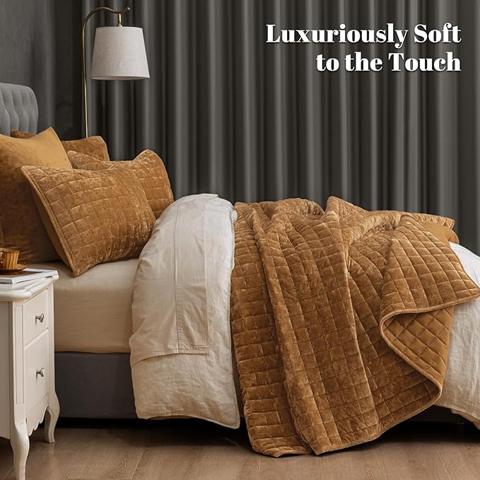 PHF Luxurious Velvet Quilt Set King Size – 3PCS Super Soft Quilted Comforter Alternative with Square-Box Quilt Pattern, Warm Quilted Bedspread Coverlet, 108" x 92", Rusty Burnt Orange