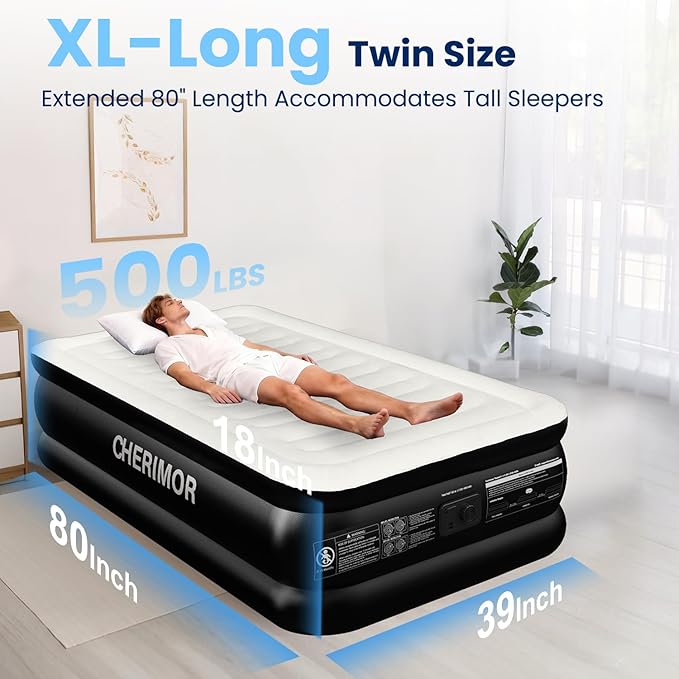 Twin XL Air Mattress with Built in Pump, Upgraded 80" Extra Long Twin Size Air Mattress, Multi-Layer Leakproof & Support 500 lbs, 2-Min Fast Inflation, Blow Up Bed for Home Camping Guests