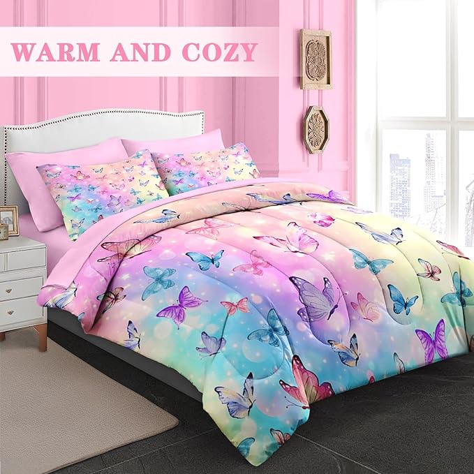 Comforter Set Queen Size, Pink Blue Butterfly 7 Pcs Bedding for Kids and Adults, Purple Colorful Rainbow Bed Sheet Sets with Fitted Sheet 2 Pillowcases & 2 Shams for Bedroom Bed Decor