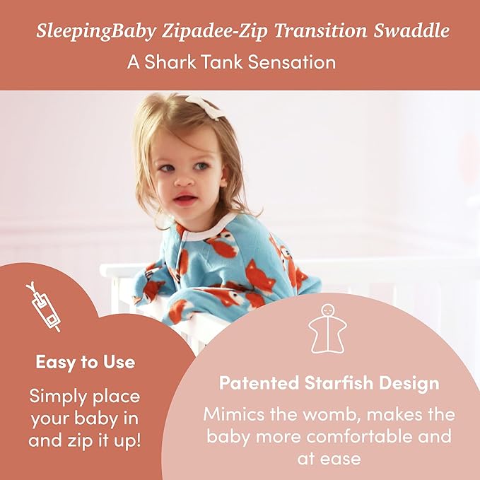 SleepingBaby Zipadee-Zip Transition Swaddle - Cozy Fleece Wearable Blanket with Two-Way Zipper for Baby Sleep - Friendly Fox, Large (12-24 Month)