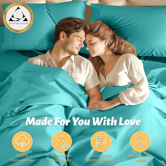Shilucheng 100% Egyptian Cotton Queen Size Sheets Set - 1000 Thread Count，Luxury Cotton Bed Sheets，Breathable & Cooling Bedding and Pillow Cases, 16 Inch Deep Pocket - 4 Piece (Seafoam, Queen)