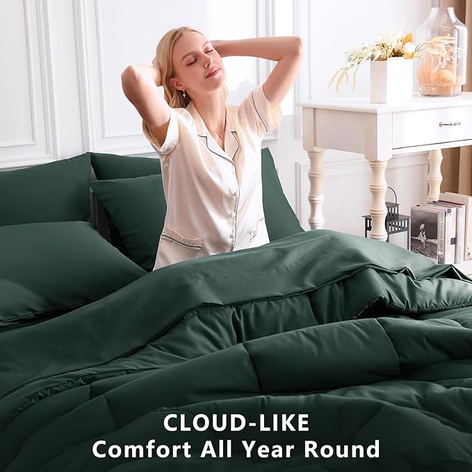 CozyLux Queen Comforter Set Forest Green, 7 Pieces Bed in a Bag, Green Comforter Queen Size, All Season Bedding Sets with Stitch Quilted Comforter, Flat Sheet, Fitted Sheet, Pillowcases