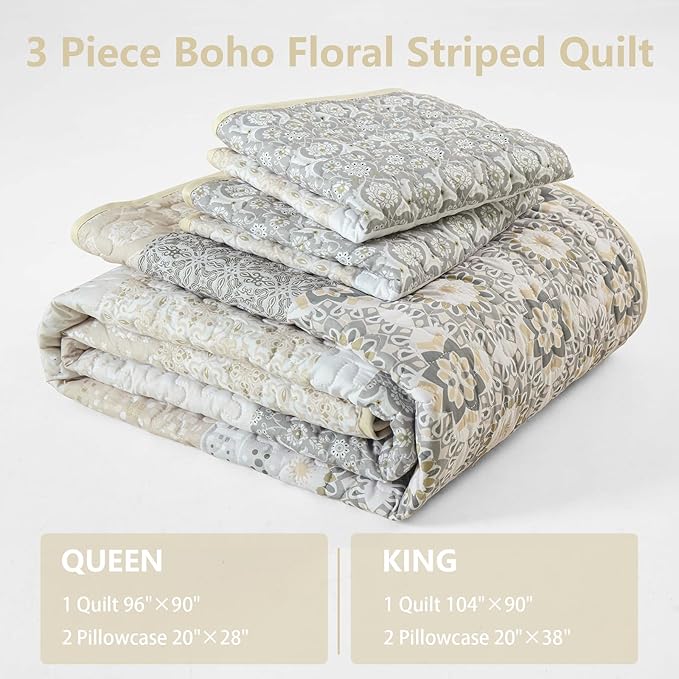 WONGS BEDDING Boho Quilt Set King Size,Beige Bohemian Striped Patchwork Bedspread Set,3 Pieces Microfiber Bedding Set for All Seasons (104"×90")