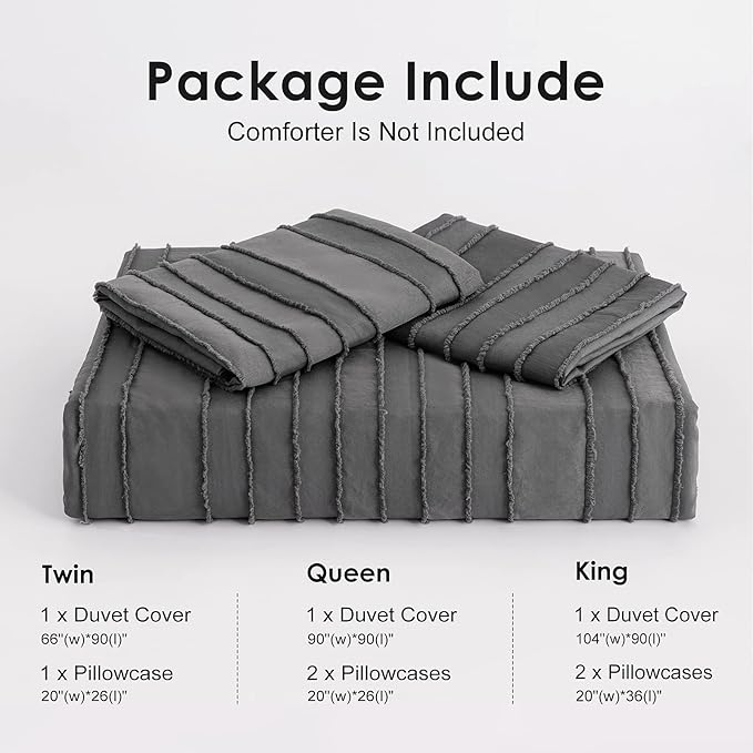 WARMDERN Gray Boho Duvet Cover Set Queen Size, Striped Textured Duvet Cover Tufted Bedding Set, 3 Pcs Ultra Soft Washed Microfiber Duvet Cover with Zipper Closure (Queen, Gray)