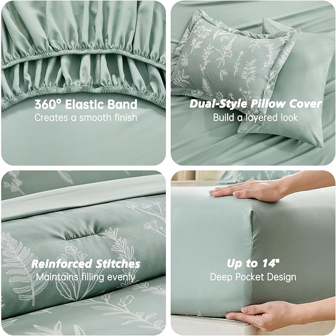 MUXHOMO King Comforter Set 7 Pieces, Sage Green Elegant Floral Print Bed in a Bag King, Ultra Soft & Breathable Reversible Botanical Pattern Bedding Set with Comforter, Sheets, Pillowcases, and Shams