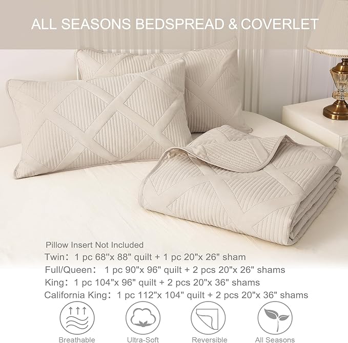 Exclusivo Mezcla Quilts Queen Size - Brich Beige Quilt Set Bedspread with 2 Pillow Shams, Modern Bedding Set with Striped Pattern, Soft Lightweight Bedspreads Queen Size for All Seasons