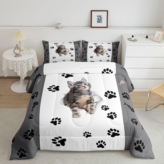 Erosebridal Kids Cat Comforter Set King,3D Cute Kawaii Cat Bedding Set Lovely Animal Kitten Paw Print Down Comforter Boys Cat Lovers' Bedroom,Fish Bone Decor Quilt Duvet Set 2 Pillow Cases, Multi 75