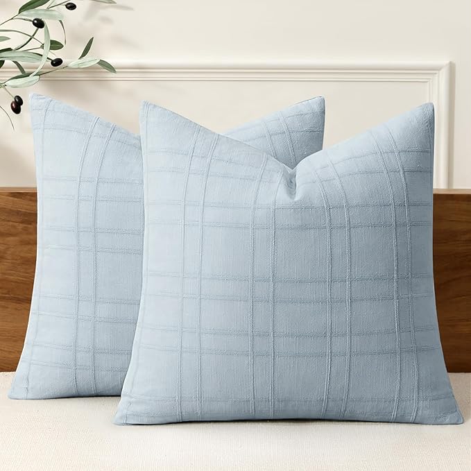 MIULEE Decorative Linen Check Euro Shams Throw Pillow Covers Neutral Farmhouse Vintage Pillow Covers 24x24 Set of 2 Boho Modern Home Decor for Sofa Couch Bedroom Cushion Coastal Blue