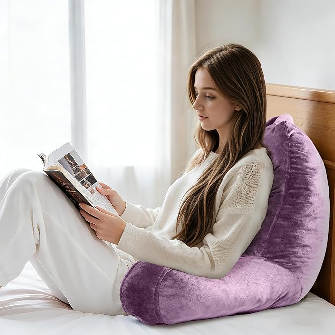 Reading Pillow for Sitting in Bed Adult, Reading Pillow with Shredded Memory Foam, Bed Pillow with Washable Cover, Back Pillow Sitting Up with Extend Arms, Purple, X-Large