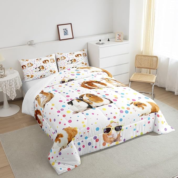 Guinea Pig Bedding Set for Girls Boys Children Cute Cavy Pattern Comforter Decorative Cartoon Lovely Pet Animal Comforter Set Colorful Polka Dots Duvet Set Full Size 3Pcs Bedspreads Coverlet Sets