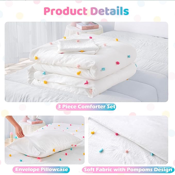 Full Size Kids Comforter Set Colorful Tufted Pom Pom Bedding Set for Girls 3 Piece White Boho Jacquard Quilt Bed in A Bag Lightweight Duvet Bed Set for Kids Teen Girls Bedroom Decor with 2 Pillowcase | Colorful Tufted Dots, Full Comforter Set, Kids Com...