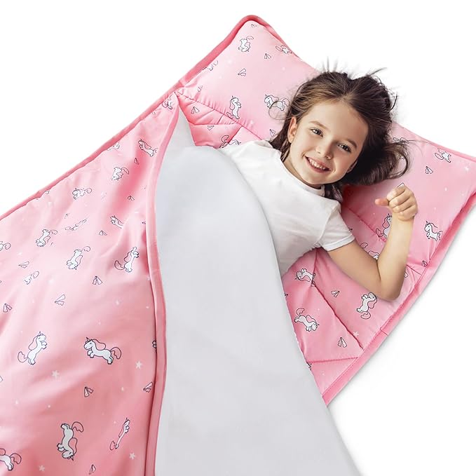 Toddler Nap Mat with Blanket 50" x 21" x 1.5", Nap Mat for Boys Girls Super Soft and Cozy, Kids Sleeping Bag for Preschool, Daycare, Toddler Sleeping Bag, Pink Horse