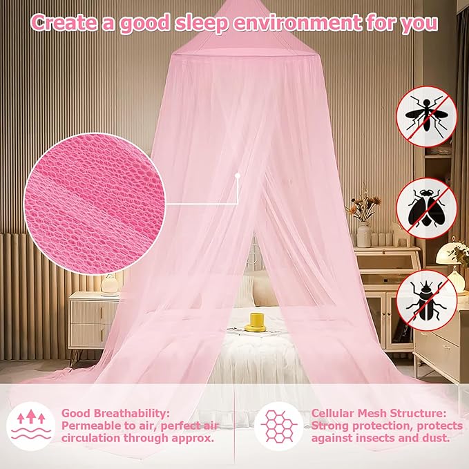 Bed Canopy with Lights, Bed Canopy for Girls Princess with Luminous Stars, Canopy Bed Curtains for Twin to King Size Bed, Baby Kids Adult Indoor Decor Bedroom Reading Nook Outdoor Camping, Pink