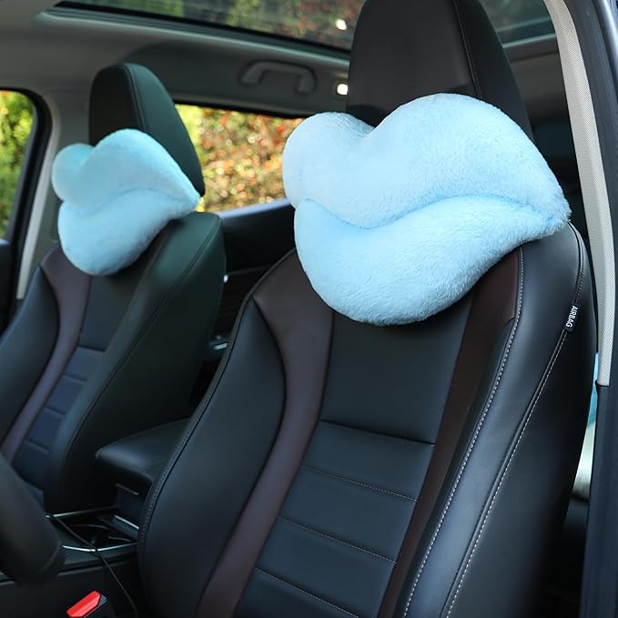 Sexysamba 2 Pack Lip Shaped Car Headrest Pillow, Comfortable Soft Head Rest Cushion Kawaii Car Accessories Cute Car Neck & Seat Pillow for Driving Travelling Office Home Decor - Light Blue Lip