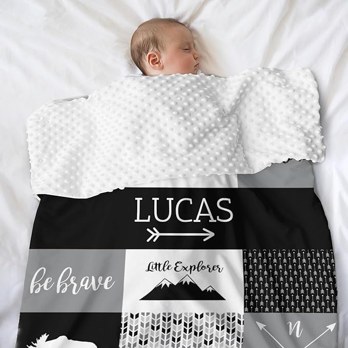Customzed Baby Blanket for Boys Super Soft Double Layer with Dotted Backing, Receiving Blanket with Cute Woodland Multicolor Printed Blanket Black 40 x 50 Inch