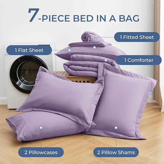 Sasttie King Size Comforter Set, 7 Pieces Bed in a Bag King, Complete Bedding Set Includes Comforter, Flat Sheet, Fitted Sheet, Pillowcases and Pillow Shams, Violet