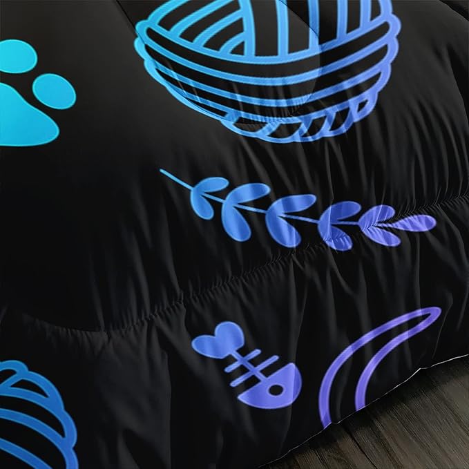 Black Cat Bedding Cartoon Cat Comforter Set Queen,Neon Cat Paw Ball of Yarn Printed Kids Bedding for Cat Lover Boys Girls Adults Room Decor,Kids Comforter,1 Quilt 2 Pillow Cases,Neon Color Purple Blue