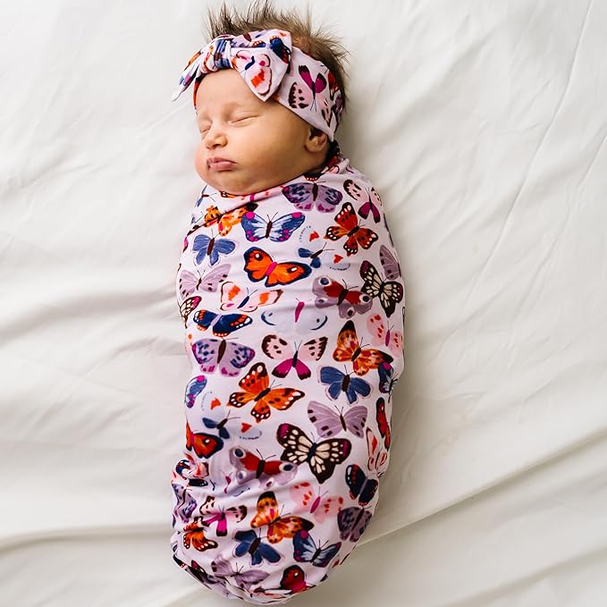 Little Sleepies Swaddle & Headband Bow Set, Viscose from Bamboo Baby Swaddles, Newborn Baby Girl Clothes (Butterfly Kisses)