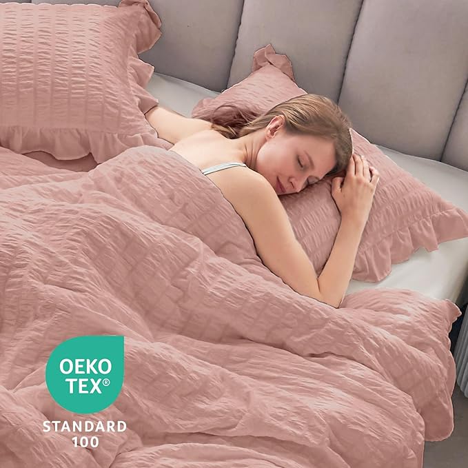 JOLLYVOGUE Twin Size Comforter Set, 2 Pieces Rose Gold Seersucker Lightweight Fluffy Bedding Set, Twin Ruffle Comforter, All Season Soft Microfiber Shabby Chic Bed Set