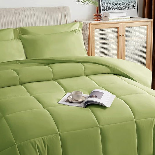 TAIMIT Sage Green Full Size Comforter Set - 7 Pieces, Bed in a Bag Bedding Sets with All Season Soft Quilted Warm Fluffy Reversible Comforter,Flat Sheet,Fitted Sheet,2 Pillow Shams,2 Pillowcases