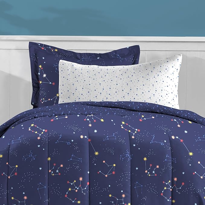 Dream Factory Kids 7-Piece Complete Bed Set Easy-Wash Super Soft Microfiber Comforter Bedding, Full, Navy Blue Zodiac