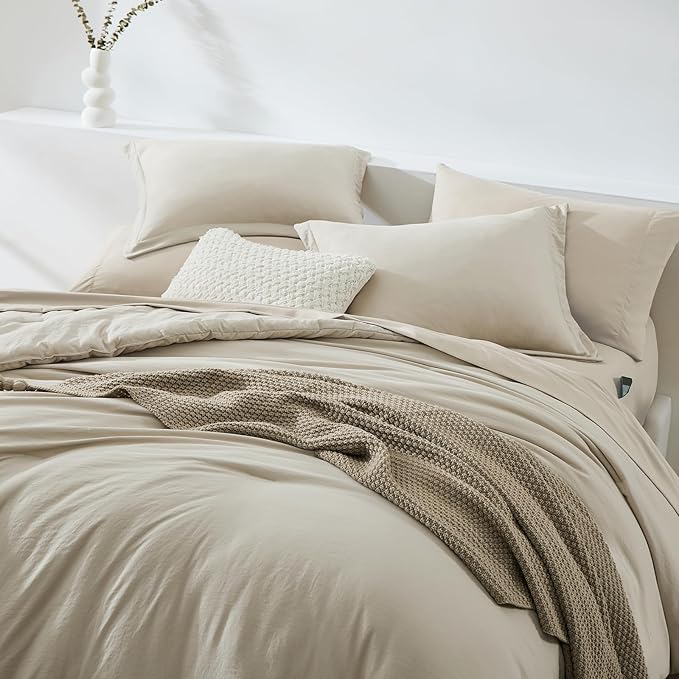 WRENSONGE California King Size Comforter Sets- 7 Pieces Soft Light Oatmeal Bed in a Bag with Fitted Sheet, Flat Sheet, 2 Pillow Shams, 2 Pillowcases, Warm Bedding Sets for All Season