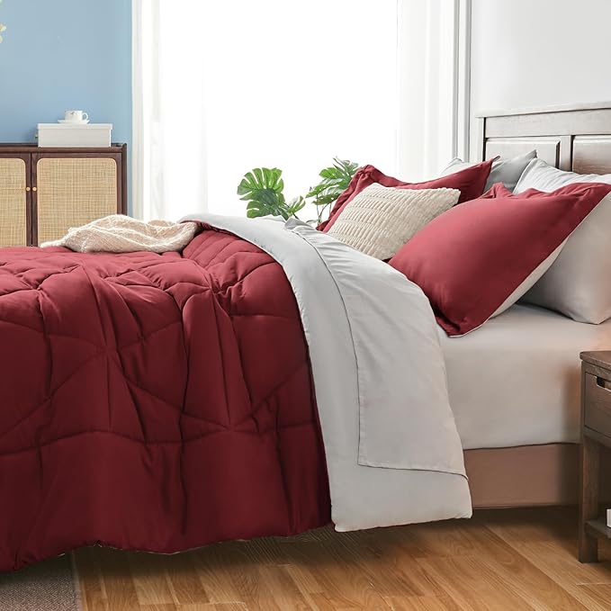 BEDELITE Full Comforter Set 7 Pieces Bed in A Bag - Soft Microfiber Reversible Burgundy Bed Set with Comforters, Sheets, Pillowcases & Shams, Cozy Luxury Bedding Sets for All Season