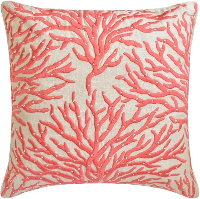 The HomeCentric King/Queen/Twin Coral, Peach & Pink Designer Full 68"x18" Bed Runner with Pillow Cover, Coral Embroidery, Pearl, Under The Sea & Beach Theme on Linen Fabric - Coraline Pearls