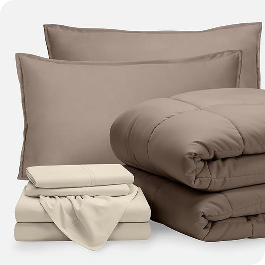 Bare Home Bed-in-A-Bag 7 Piece Comforter & Sheet Set - Queen - Goose Down Alternative - Ultra-Soft 1800 Premium - Bedding Set (Queen, Taupe/Sand)