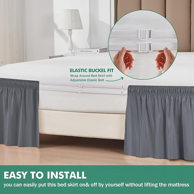 Biscaynebay Wrap Around Bed Skirts with Split Corners for Full Beds 18" Drop, Dark Grey Adjustable Elastic Dust Ruffles Easy Fit Wrinkle Resistant Silky Luxurious Fabric Machine Washable