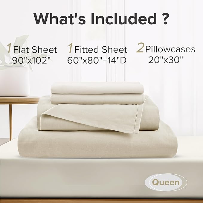 Comfort Spaces 100% Cotton Sheets Queen, Breathable & Ultra Soft Cotton Sheets, Naturally Cool Cotton Bed Sheets with 14" Elastic Pocket Fits up to 16" Mattress, All Seasons Sheet Set, Cream 4 Piece