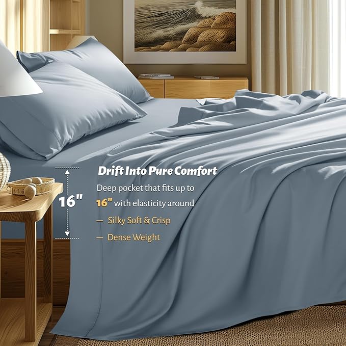 Shilucheng 100% Egyptian Cotton King Size Sheets Set - 1000 Thread Count，Luxury Cotton Bed Sheets，Breathable & Cooling Bedding and Pillow Cases, 16 Inch Deep Pocket - 4 Piece (French Blue, King)