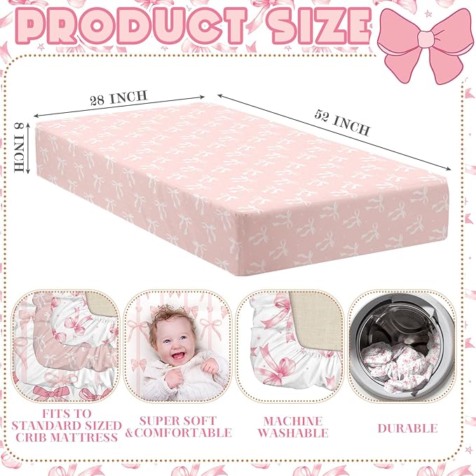 Peryiter 4 Pack Crib Sheets Girl Soft Baby Bed Sheet Set 52'' x 28" Nursery Crib Sheets for Standard Bed for Nursery Decor Baby Boys or Girls(Pink,Pink Bow)