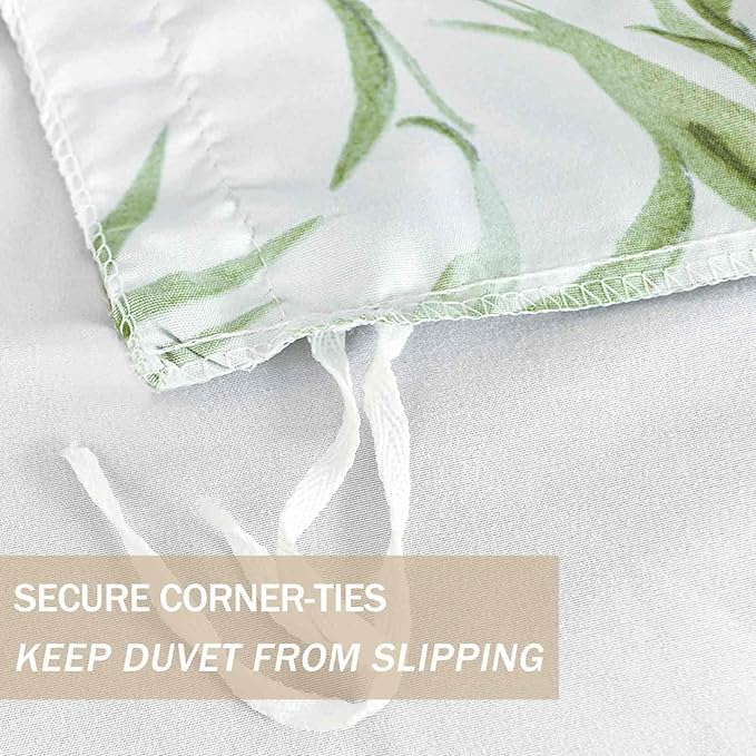 Nanko Queen Size Duvet Cover Set, Green Floral/Flower Leaf Bird Print Pattern, 3pc 90x90 Microfiber Comforter Quilt Bedding Cover with Zip Ties - Spring Modern Farmhouse for Men and Women Teen Girl