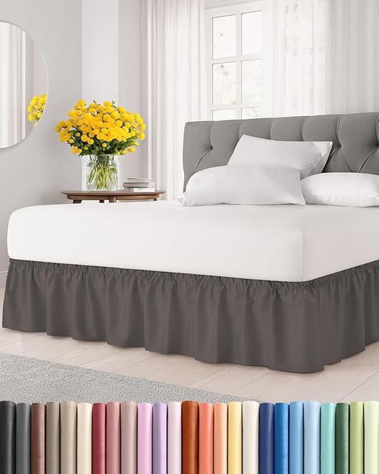 Wrap Around Dust Ruffle Bed Skirt - Dark Grey - for Full Size Beds with 12 Inch Drop - Elastic Strap - Adjustable Pleated Bedskirt with Brushed Fabric and Wrinkle Free - for Women, Men, Kids & Teens