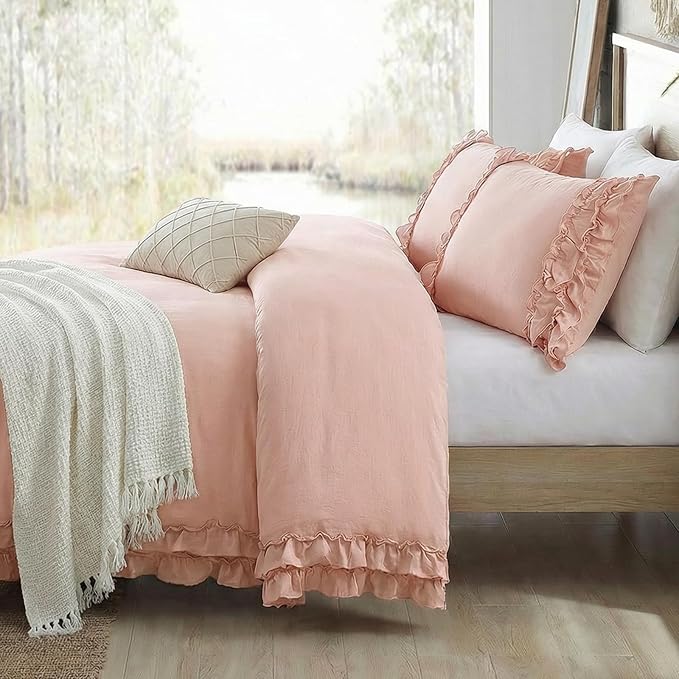 Pink Ruffled Duvet Cover Girls Coquette Bedding Set Cute Lace Fringe Ruffle Bedding Shabby Chic Farmhouse Style Super Soft Cozy Elegant Cover Cover Set King Size