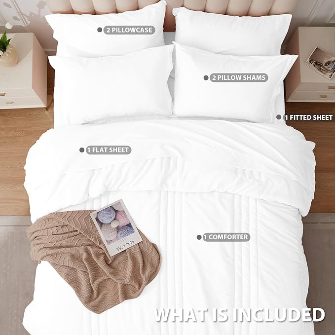 Full Comforter Set White - Bed in a Bag Full Size 7 Pieces, Soft Bedding Set for All Seasons, Premium Comforter Set with Comforter, Sheets, Pillowcases & Shams