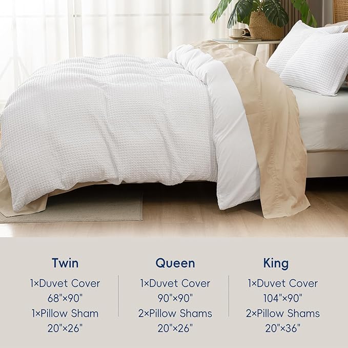 David's Home Waffle Weave Duvet Cover Set Queen Size,Soft Breathable 3pcs Comforter Cover Set with 2 Pillowcases,Textured Home Decor Bedding Set Cozy for All Seasons, White 90"×90",No Comforter