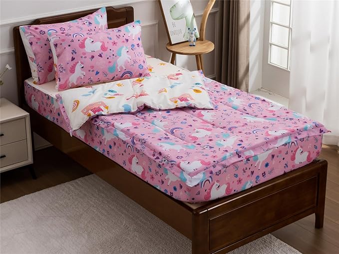 NTBED Unicorn Printed Zipper Bedding Sets Full for Girls Kids Lightweight Microfiber Floral Comforter Sets with Fitted Sheet Pillow Covers,Pink