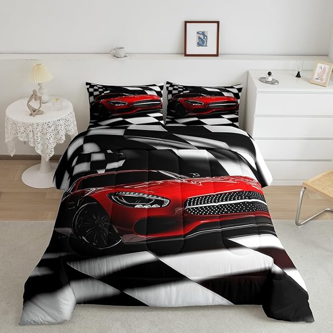Erosebridal Teen Race Car Comforter Set For Boys King Size Extreme Sports Car Bedding Set,Black White Checkered Grid Comforter Retro Red Cool Vehicle Automobile Quilt Duvet 2 Pillow Cases