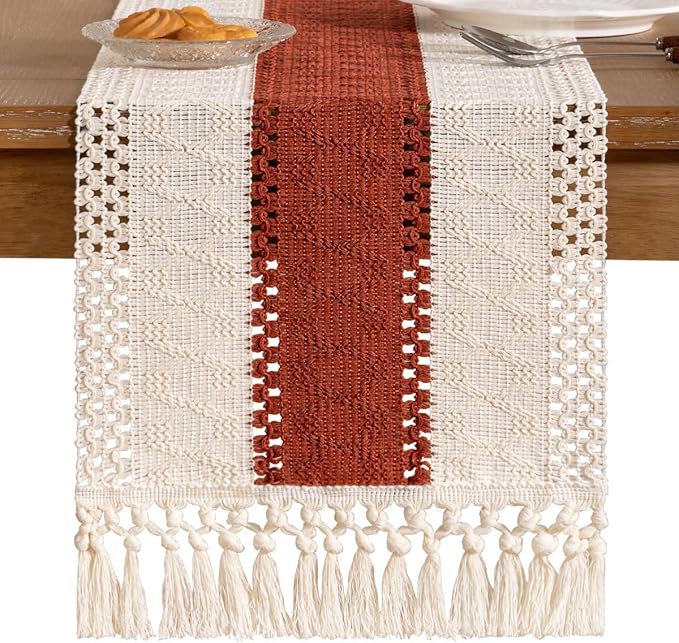 Socomi Boho Table Runner Easter Spring Farmhouse Rustic Dining Kitchen Small Macrame Woven Cotton Linen Coffee Table Runner for Dresser Scarf Home Decor 12x36 inch Terracotta Ivory