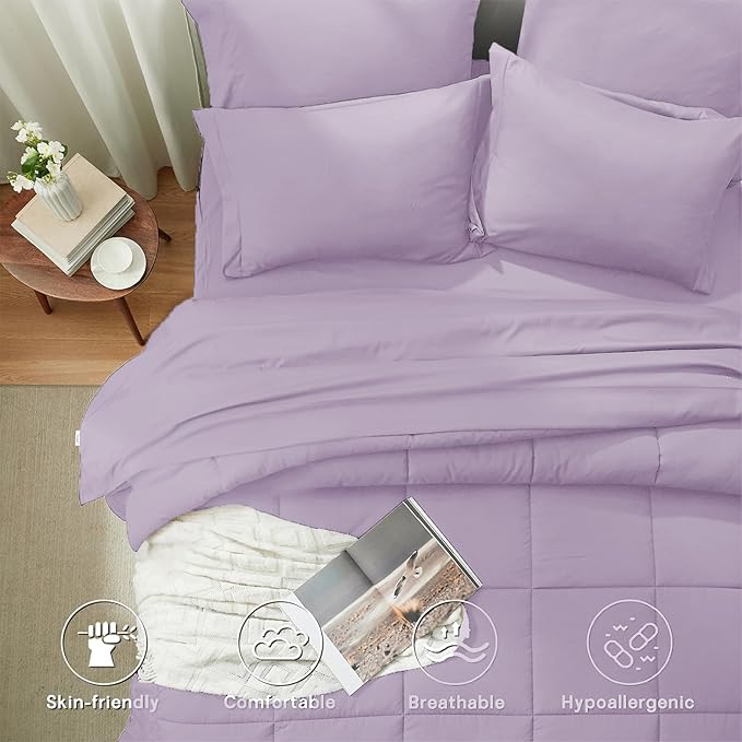 Anluoer Full Comforter Set 7 Piece, Lavender Bed in a Bag with Sheets, Comforters Full Size Bedding Sets with 1 Comforter, 2 Pillow Shams, 2 Pillowcases, 1 Flat Sheet,1 Fitted Sheet