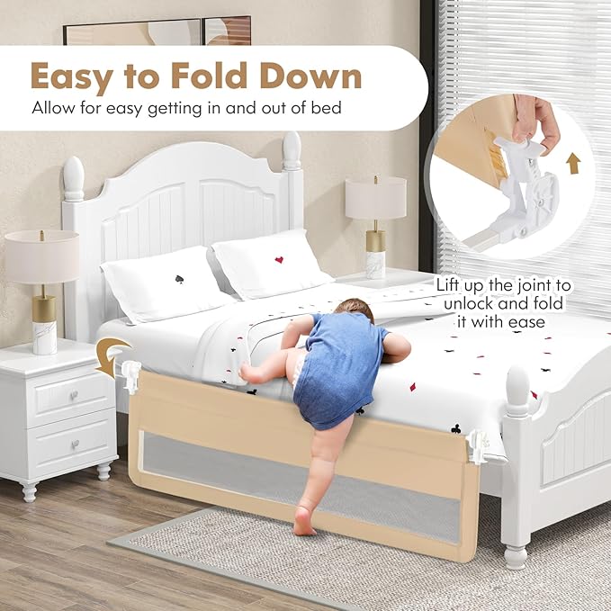 BABY JOY Bed Rails for Toddlers, 71'' Extra Long, Upgraded Swing Down Bed Guard w/Safety Strap, Folding Baby Bedrail for Kids Twin, Double, Full Size Queen & King Mattress (71-Inch, Beige)