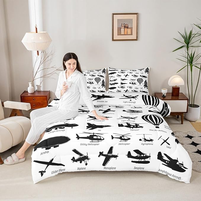 Erosebridal Airplane Comforter Set Twin,Black White Airplanes Bedding Set Space Rocket Aircraft Down Comforter for Boys Kids Teens Room Decor,Helicopter Biplane Quilt Duvet Sets with 1 Pillow Case