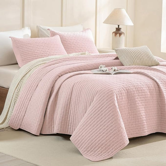 CozyTide Stone-Washed Cotton King Quilt(110"x98"),Blush Pink Stitching Pattern King Size Quilt Bedding Set 3Pcs(1 Lightweight Summer Quilt and 2 Pillowshams) Soft King Bedspread Coverlet Set