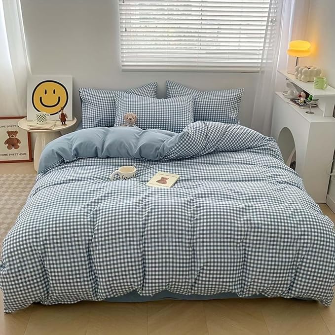 Nayoroom Blue Gingham Duvet Cover Queen Size Plaid Checkered Comforter Cover 3 Pieces Soft Lightweight Washed Microfiber Farmhouse Grid Dorm Bedding Set with Pillowcases