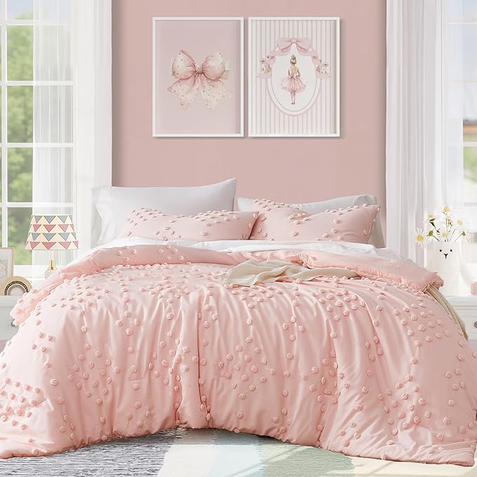 Geniospin Pink Queen Comforter Set for Girls- 7 Pieces Pom Tufted Bed in A Bag Twin Bedding Sets with Sheets, Pillowcases & Shams, All Season Kids Comforter Set