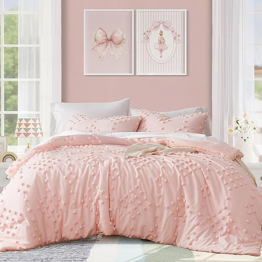 Geniospin Pink Queen Comforter Set for Girls- 7 Pieces Pom Tufted Bed in A Bag Twin Bedding Sets with Sheets, Pillowcases & Shams, All Season Kids Comforter Set