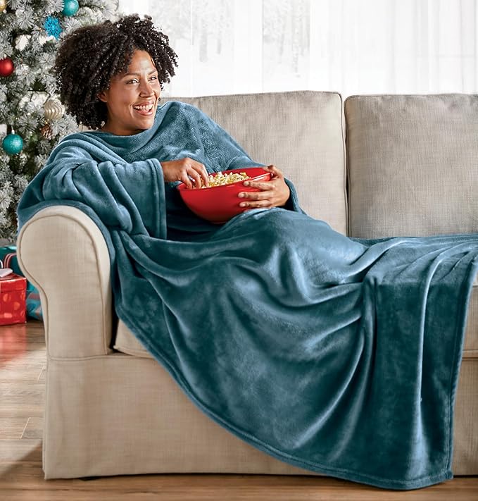 Montgomery Ward Plush Sleeved Throw, Wearable Blanket - Throw, Soft, Comfortable, Teal, 50" x 70"